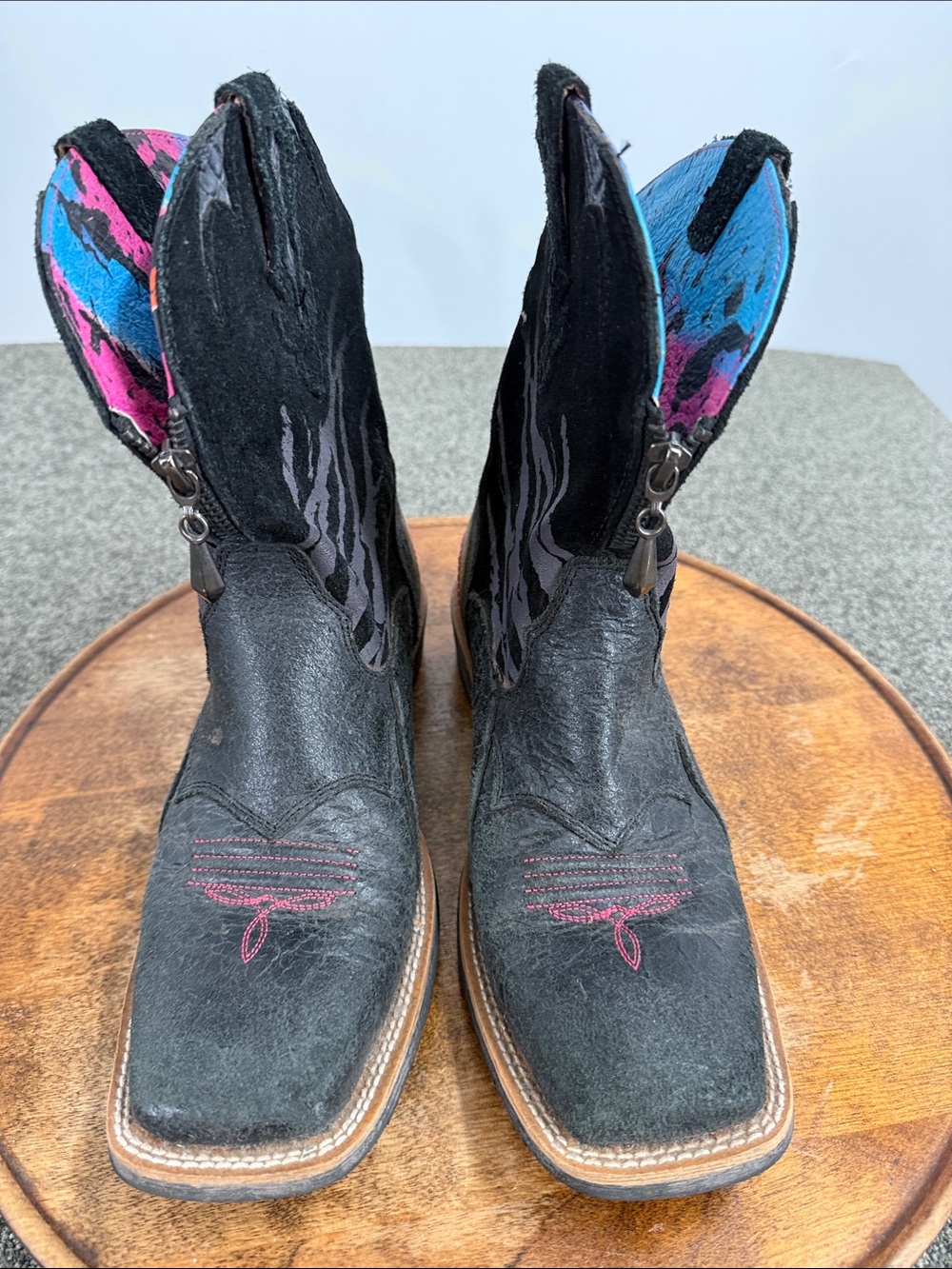 Ariat Boots Wm 8 Zipitbaby Black Western Ankle Boots Pink Blue Cowboy Square Toe - Picture 3 of 10